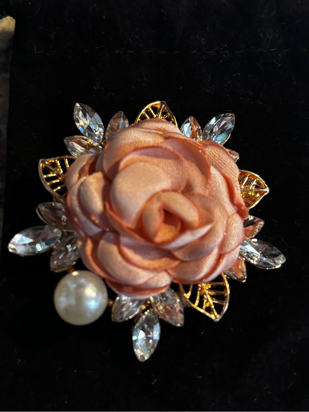 Peach Rose Crystal Brooch Pin